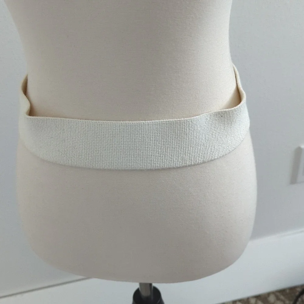 VTG Lands End Waist Belt Elastic Leather White USA 32 Brass Cotton Coastal Yacht - Picture 4 of 6